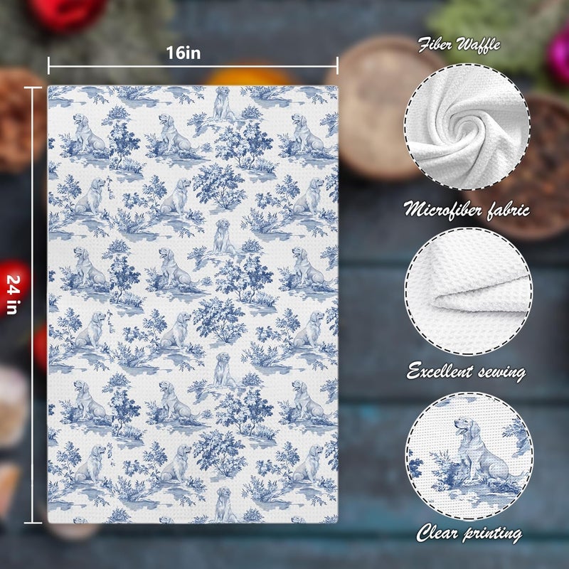 Nipil Chinoiserie Floral Golden Retriever Kitchen Towels, Blue and White Floral Golden Retriever Decorative Dish Tea Towels, Grandmillennial Botanical Dog Hand Towels for Kitchen Bathroom, 16x24 Inch - Image 2